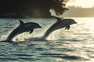 Obraz premium happy dolphins jumping out of the water whit generative ai