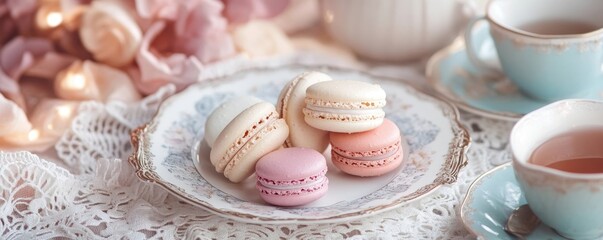 Elegant Romantic Pastel Macarons and Fine China Tea Party Scene