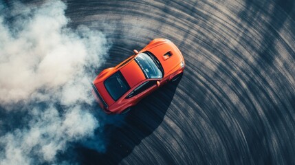 Aerial view of a red sports car drifting on a race track, leaving a trail of smoke.