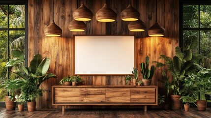Blank canvas mockup in wooden room with plants.