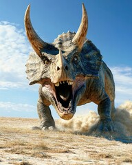 Fototapeta premium A large, roaring dinosaur resembling a Triceratops in a desert landscape.