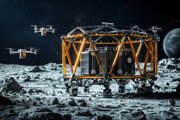 A lunar lander on the moon's surface surrounded by drones, representing future space exploration and technology.