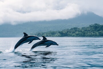 Fototapeta premium happy dolphins jumping out of the water whit generative ai