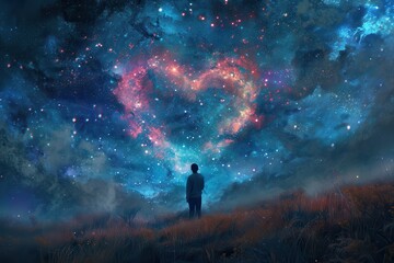 A surreal composite image featuring a heart-shaped galaxy formed by interconnected constellations, symbolizing the enduring connections between people. The cosmic palette and dreamlike atmosphere 