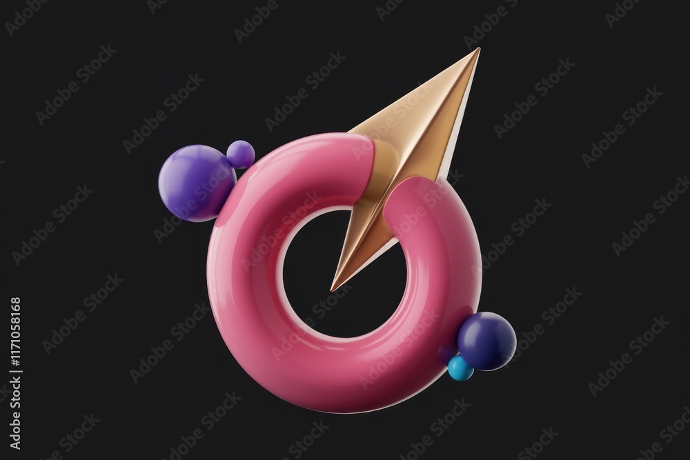 Poster Abstract 3D rendering of a pink ring with a gold arrow and colorful spheres.