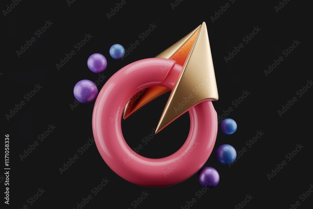 Poster Abstract 3D rendering of a pink circular shape with a gold arrow, surrounded by small colorful spheres against a transparent background.