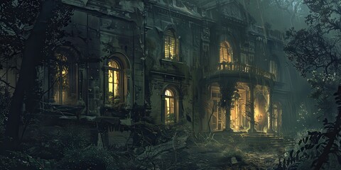 A surreal composition featuring a derelict mansion, its crumbling fasade adorned with creeping ivy and broken windows. Within the mansion's decaying halls, ghostly apparitions drift silently