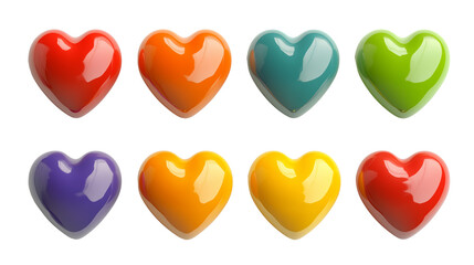 Fototapeta premium Set of rainbow colorful glossy hearts isolated on transparent background, Valentines day love romantic decoration