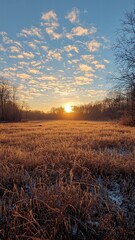 Fototapeta premium Golden sunrise over frosty meadow grass. Low horizon framed by bare winter trees and scattered clouds. Calm optimism and fresh beginnings. Background for wellness branding or seasonal marketing.