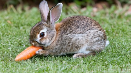 Fototapeta premium A rabbit munching on a carrot while sitting on green grass.