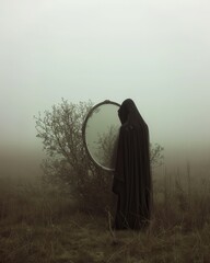 Grim Reaper emerging from a foggy mirror, symbolizing the inevitability of mortality and the transition between life and death. The reflective surface adds a sense of introspection. Colors: Mirror 