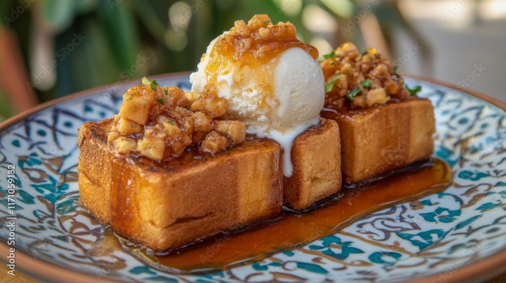 Poster an artistic arrangement of honey toast served on a patterned plate, with a scoop of ice cream meltin