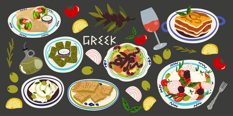 Greek Traditional Food Set. Greek salad, moussaka, dolma, spanakopita, feta cheese, seafood. Greek traditional elements, food and dishes. Vector illustration on a gray background