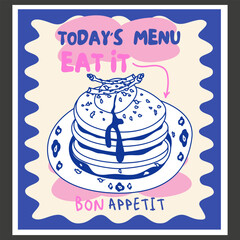 Abstract poster in retro style for the kitchen and cafe. Vintage hand drawn illustration of breakfast food and coffee. Art for poster design, wall decor, background, prints. Modern text