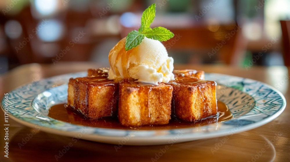 Poster an artistic arrangement of honey toast served on a patterned plate, with a scoop of ice cream meltin