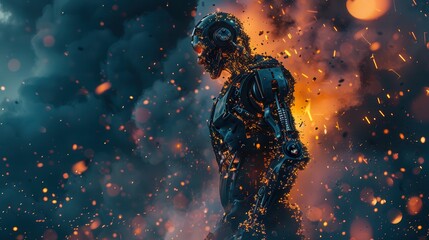 person emerging from within a robotic exoskeleton, shedding the metal shell to reveal their humanity, against a backdrop of sparks and flames, symbolizing liberation from technology