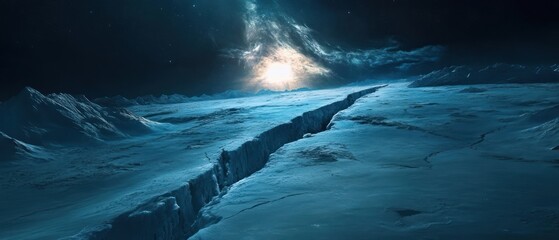 Naklejka premium Vast, icy landscape with a deep fissure, celestial sunrise.