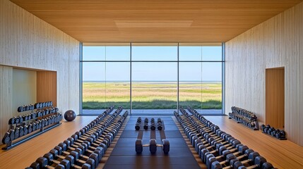 A modern gym with dumbbells and a scenic view of nature outside.