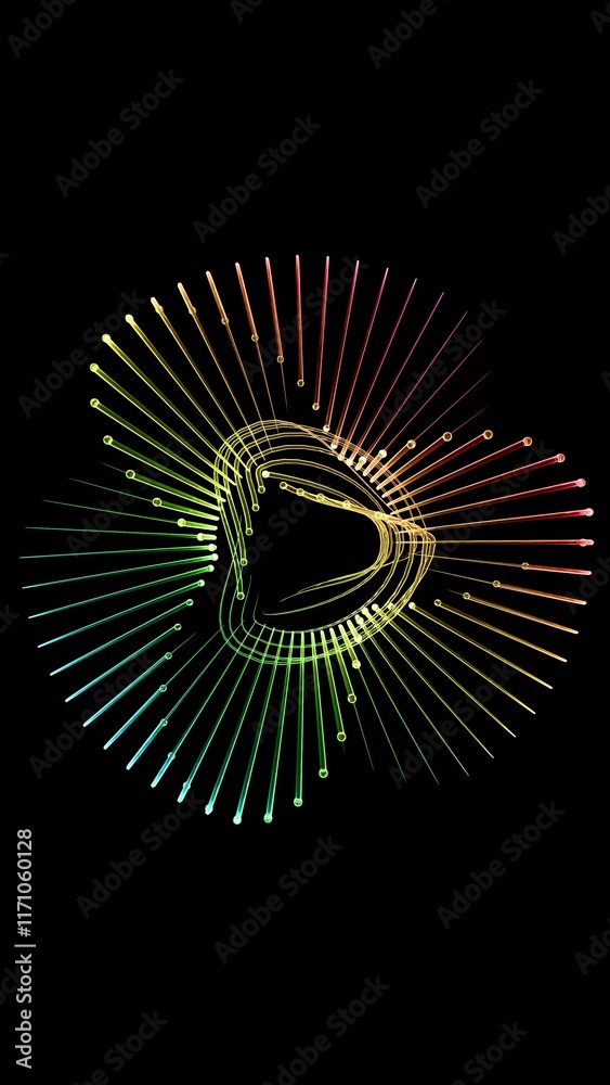 Poster abstract neon spiral with multicolored radiant lines on black background