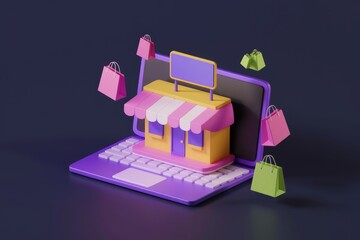 Online store concept, 3D rendering of laptop with shop and shopping bags, symbolizes e-commerce and online shopping.