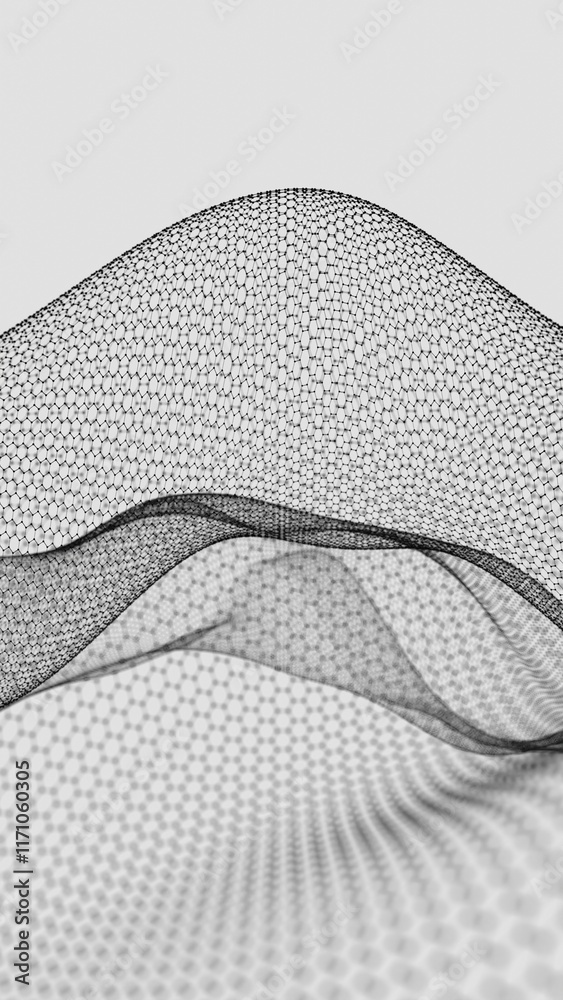 Fototapete hexagonal mesh pattern with flowing abstract waves in black and white