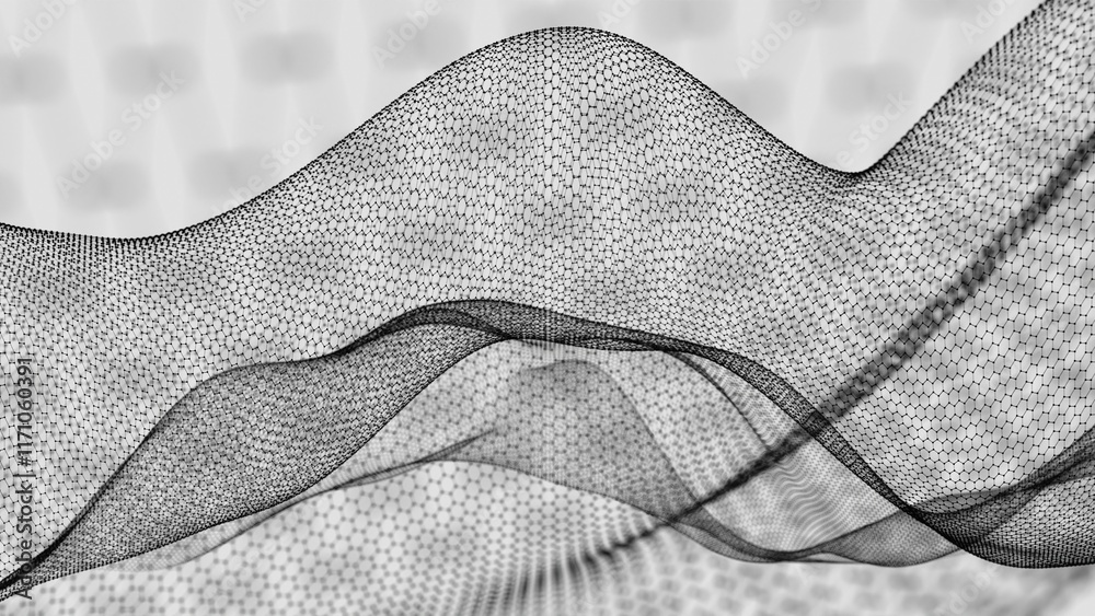 Aufkleber Hexagonal Mesh Pattern with Flowing Abstract Waves in Black and White