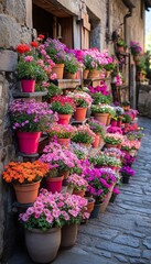 Naklejka premium Colorful Flower Shop, Blooming Facade with Vibrant Potted Plants, Rustic European Charm