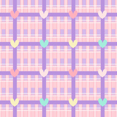 Pink Tartan with hearts on seamless pattern. Cute Gingham. 