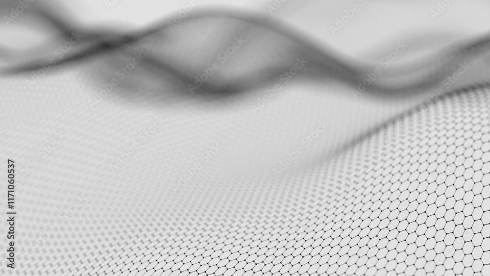 Poster Hexagonal Mesh Pattern with Flowing Abstract Waves in Black and White