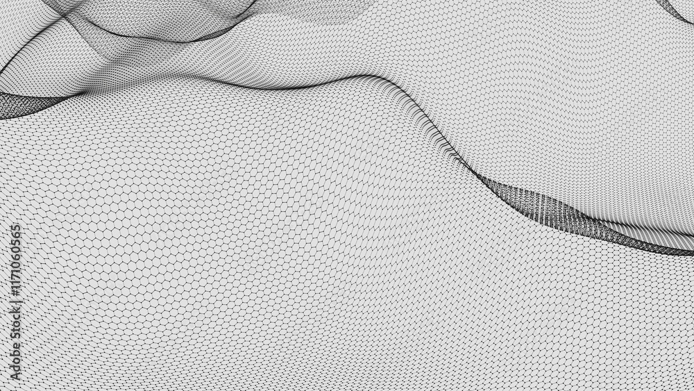 Poster Hexagonal Mesh Pattern with Flowing Abstract Waves in Black and White