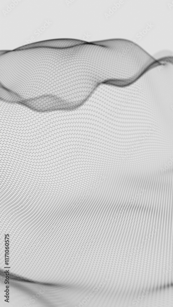 Poster hexagonal mesh pattern with flowing abstract waves in black and white