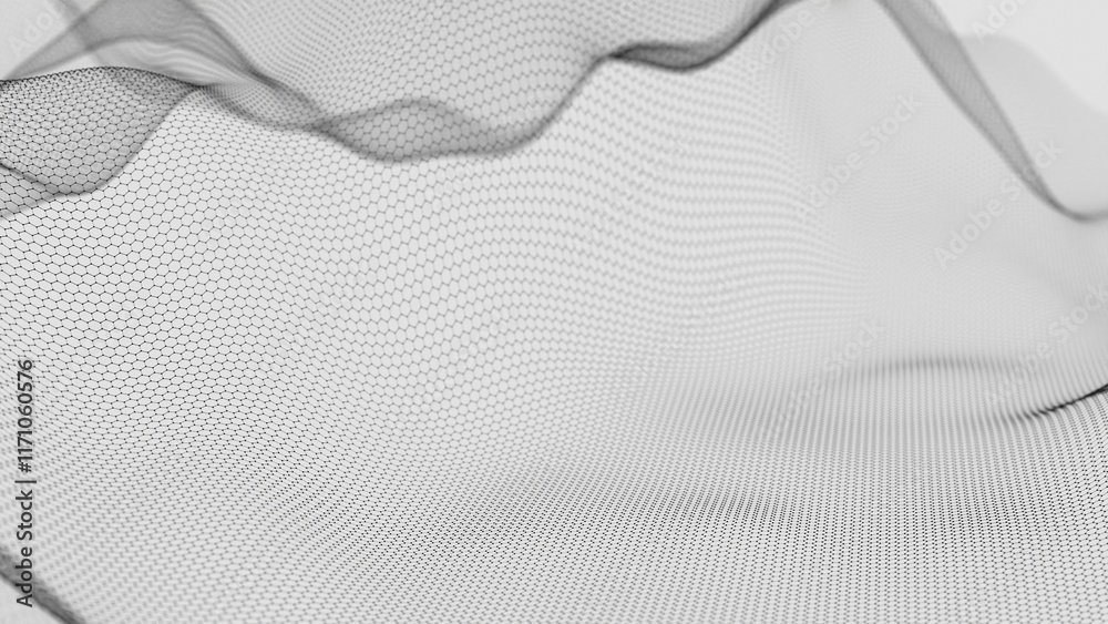 Poster Hexagonal Mesh Pattern with Flowing Abstract Waves in Black and White