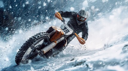 Naklejka premium Adrenaline Rush: Motocross Rider Conquering Snowy Terrain