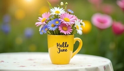 Yellow mug with inscription "Hello, June"on  table covered with a white tablecloth in a blooming garden. Bouquet of cornflowers and daisies in mug. Social media post. Typography, postcard, calendar