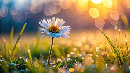 Dawn's gentle kiss on a daisy meadow; serene, peaceful nature's embrace.