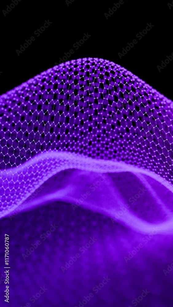 Poster Hexagonal Grid with Flowing Blue Abstract Mesh on Black Background