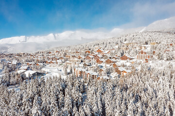 snow covered mountains resort of Crans Montana in winter. Swiss Alps