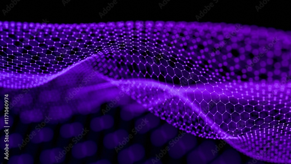 Poster Hexagonal Grid with Flowing Blue Abstract Mesh on Black Background