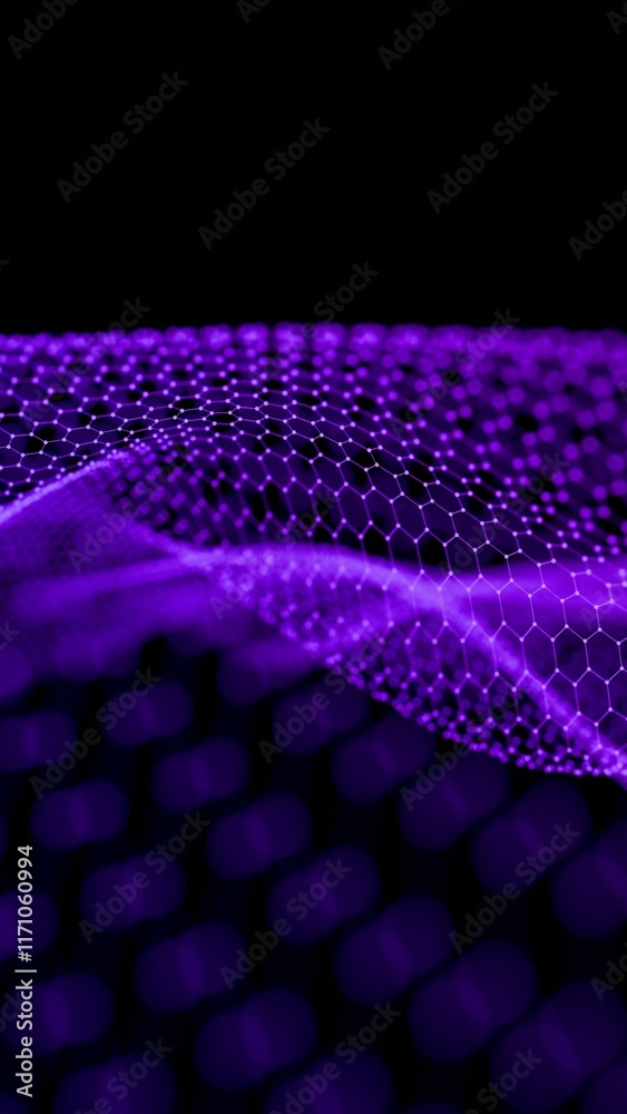 Poster Hexagonal Grid with Flowing Blue Abstract Mesh on Black Background