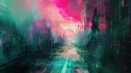 A surreal digital landscape where glitched-out pixels and distorted visuals create a sense of technological disarray. The image draws inspiration from glitch art and cyberpunk motifs