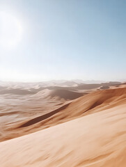 Naklejka premium A vast desert with golden sand dunes and clear skies, emphasizing natural beauty and tranquility
