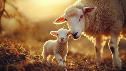 Obraz premium freshly born lamb standing beside its mother in warm, golden light, surrounded by hay. scene captures tender moment of maternal love and care