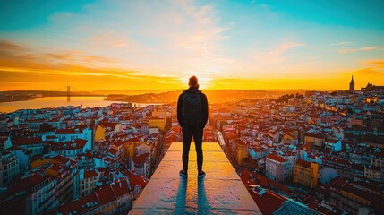 Fototapeta premium A person stands on a ledge overlooking a vibrant sunset over a cityscape.