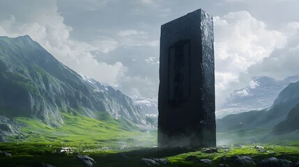 A gigantic monolith made of dark stone floating
