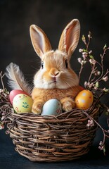 Easter bunny in basket with eggs, willow branches, feathers, dark background
