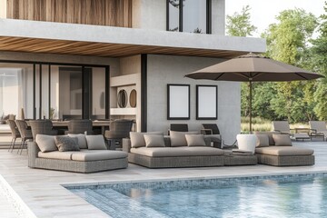 Fototapeta premium Modern Luxury Poolside Patio with Lounge Furniture