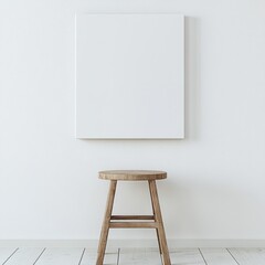 Blank canvas on wall above wooden stool.
