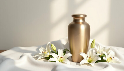 Gold metallic cremation urn with white lilies on linen in serene light
