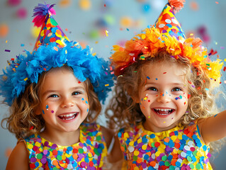 Children dressed in playful Carnival costumes, smiling and throwing confetti in the air, with a festive street backdrop. Photorealistic image with natural lighting and joyful expressions.