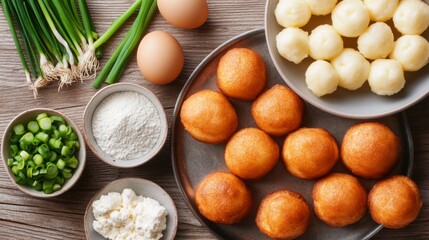 An artistic arrangement of takoyaki ingredients, including batter, diced octopus, and green onions, displayed on a wooden table, emphasizing freshness and quality.